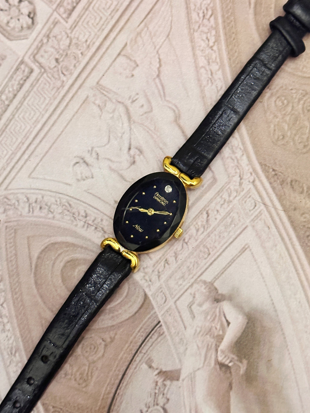 Vintage Armitron Diamond "Now" Oval Gold-Tone Ladies Watch – Black Dial & Black Leather Strap Edition