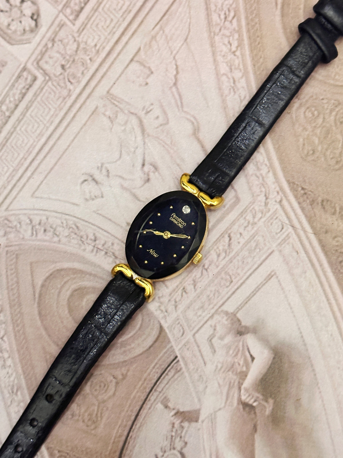 Vintage Armitron Diamond "Now" Oval Gold-Tone Ladies Watch – Black Dial & Black Leather Strap Edition