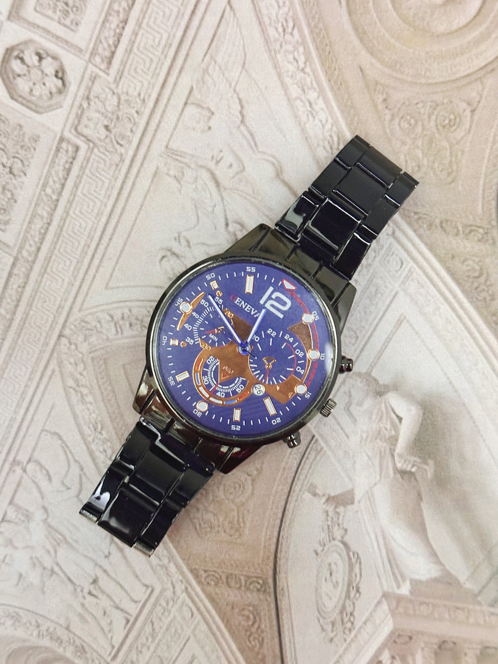 Vintage Geneva All-Black Sports Chronograph-Style Watch – Blue & Rose Gold Dial Edition