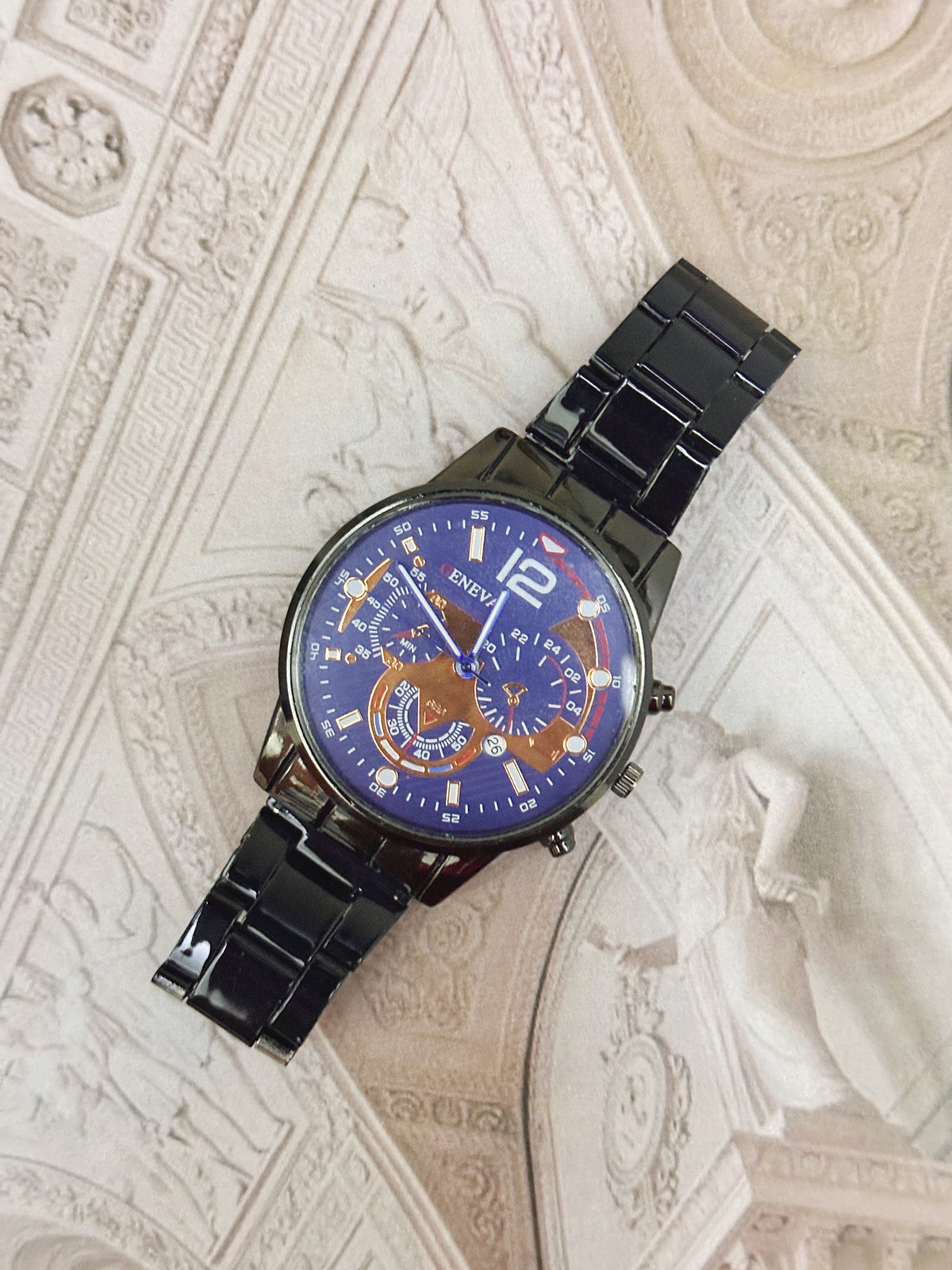 Vintage Geneva All-Black Sports Chronograph-Style Watch – Blue & Rose Gold Dial Edition