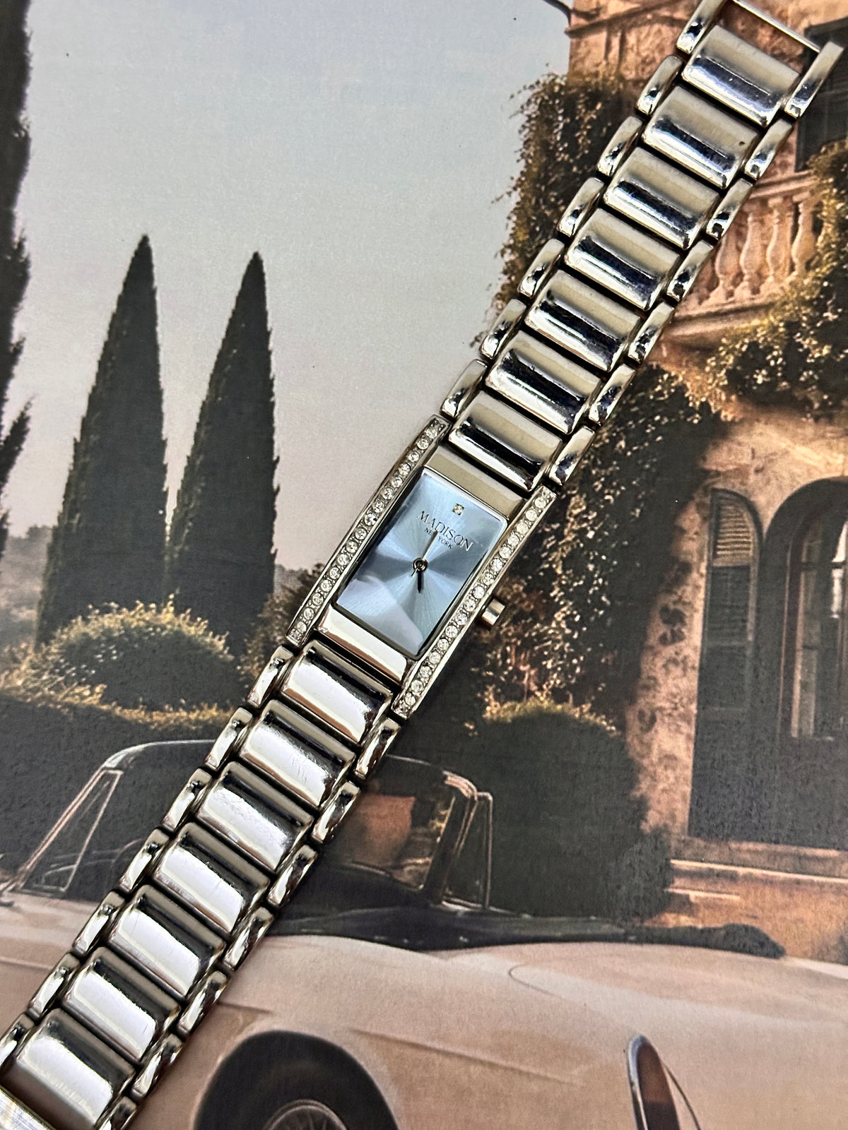 Vintage Madison New York Silver-Tone Rectangular Crystal Bracelet Watch – Silver Sunburst Dial Edition