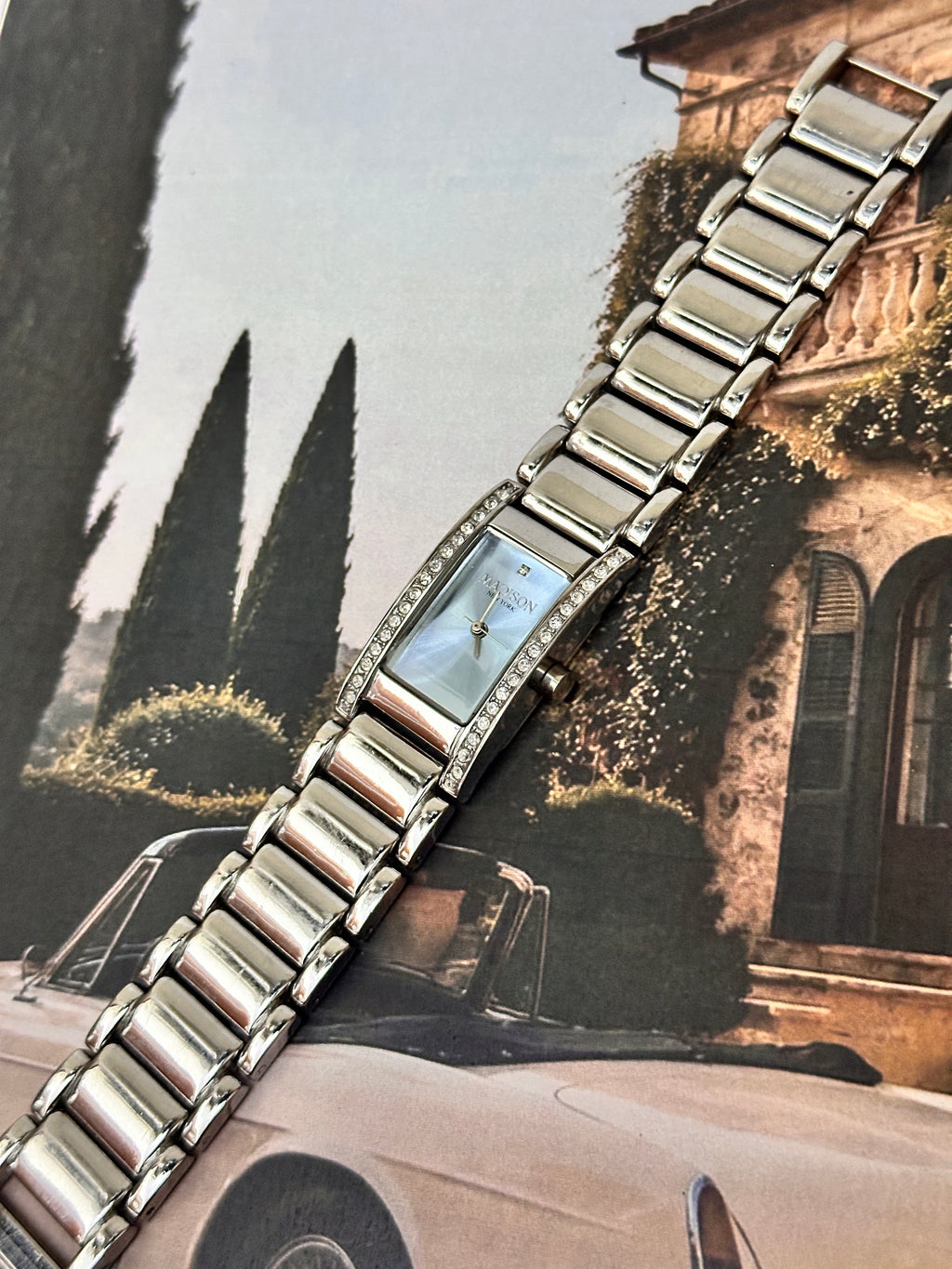 Vintage Madison New York Silver-Tone Rectangular Crystal Bracelet Watch – Silver Sunburst Dial Edition