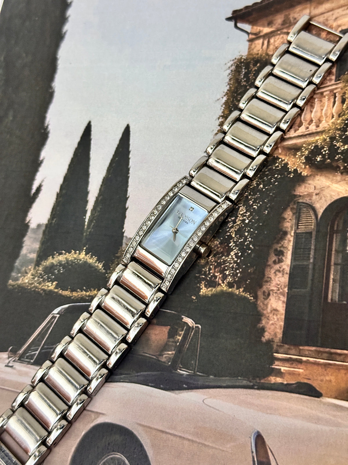 Vintage Madison New York Silver-Tone Rectangular Crystal Bracelet Watch – Silver Sunburst Dial Edition