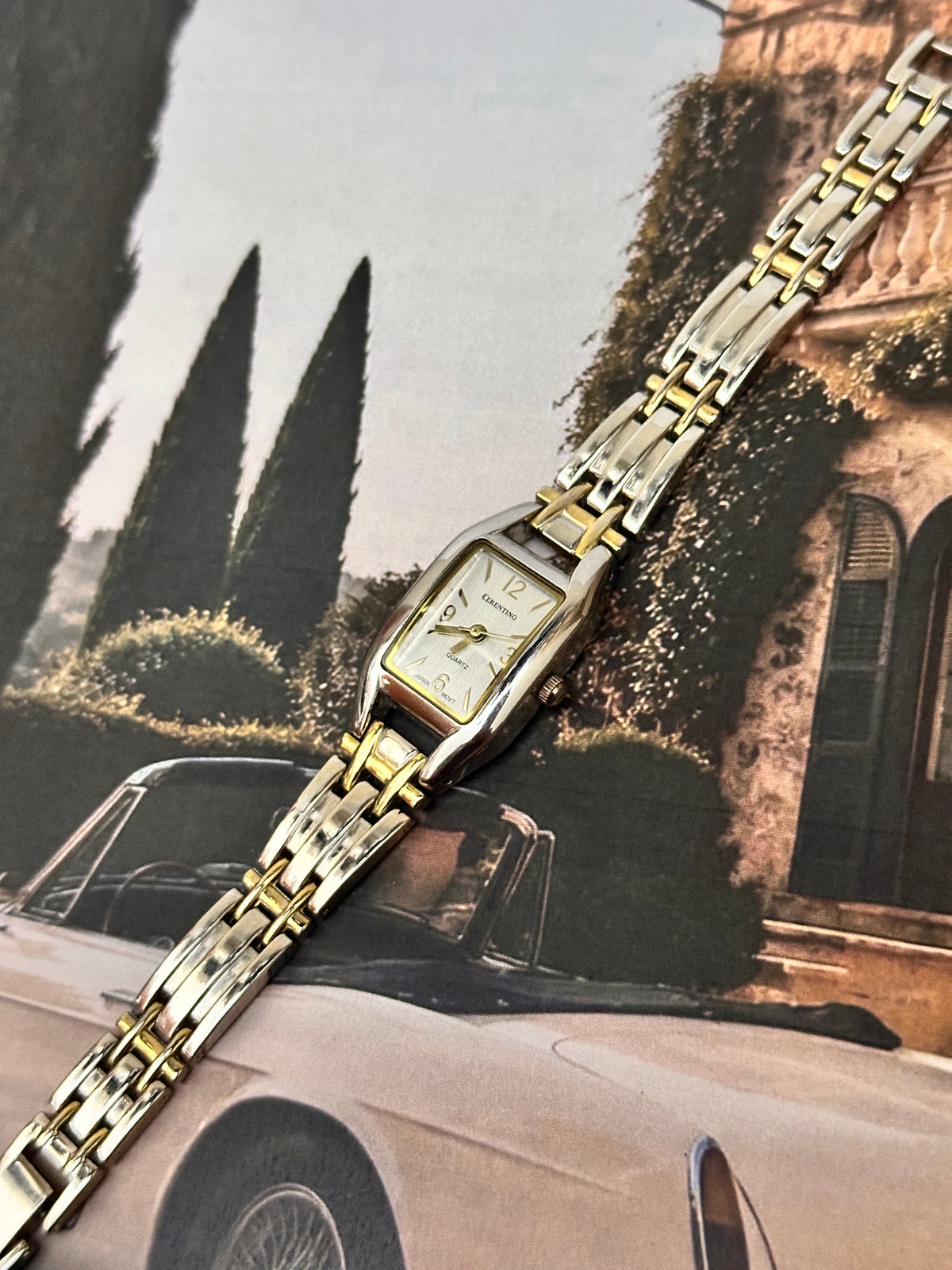 Vintage Cerentino Two-Tone Rectangular Ladies Dress Watch – White Dial & Multi-Link Bracelet Edition