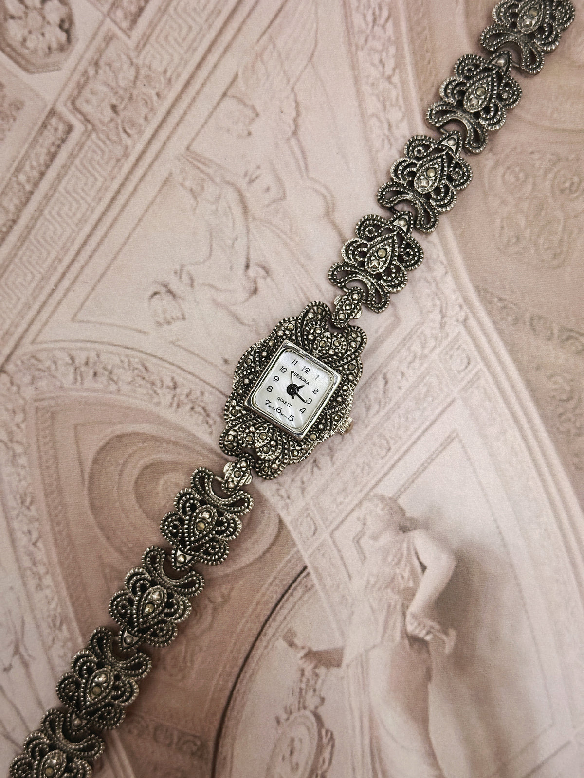Vintage Persona Antique Silver-Tone Marcasite Rectangular Ladies Watch – White Dial & Baroque Filigree Bracelet Edition