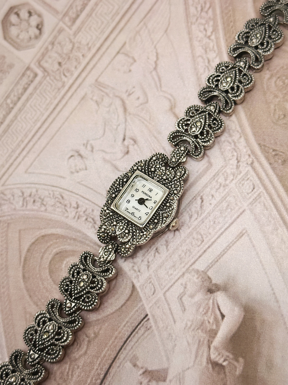 Vintage Persona Antique Silver-Tone Marcasite Rectangular Ladies Watch – White Dial & Baroque Filigree Bracelet Edition