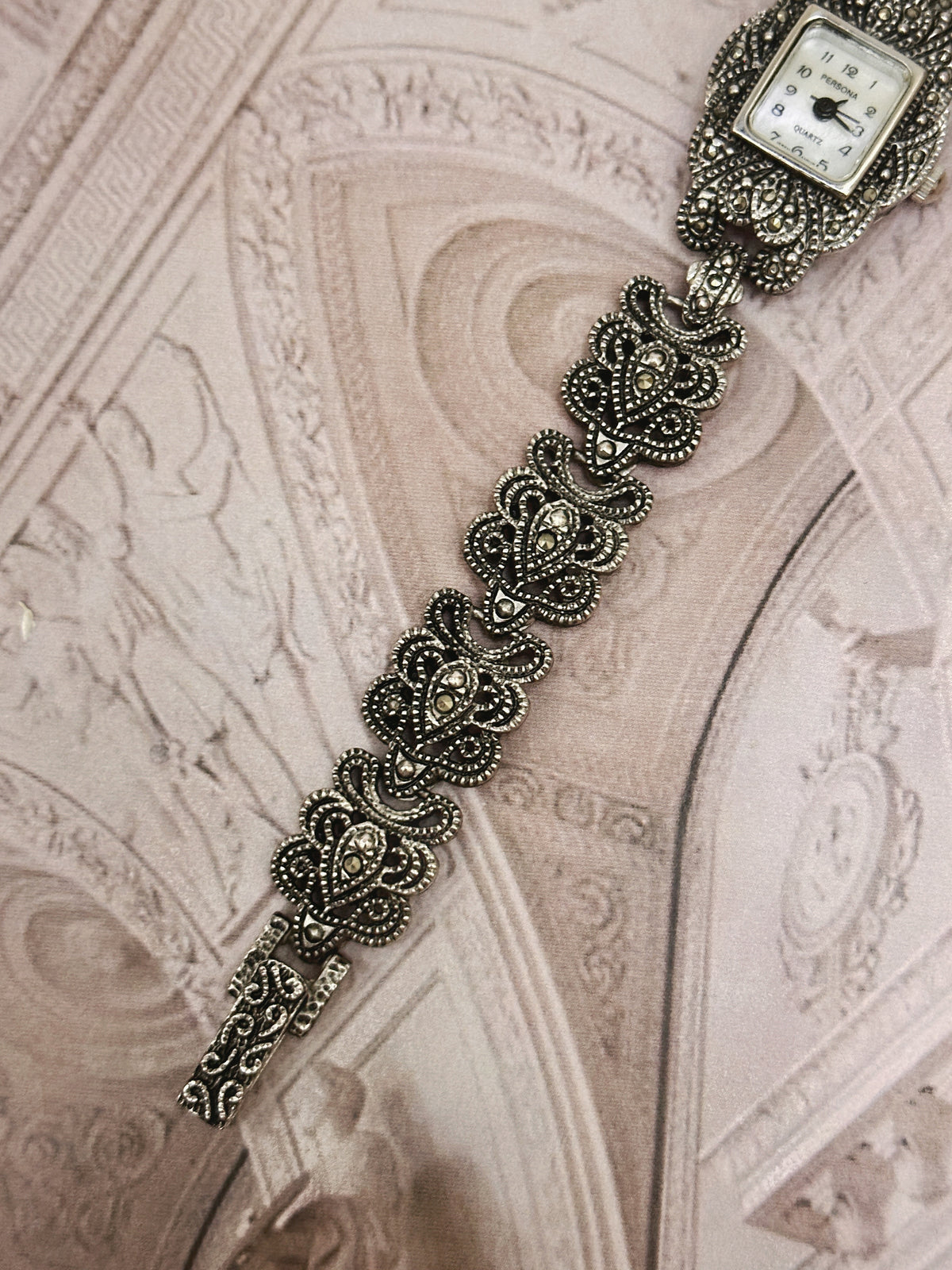 Vintage Persona Antique Silver-Tone Marcasite Rectangular Ladies Watch – White Dial & Baroque Filigree Bracelet Edition