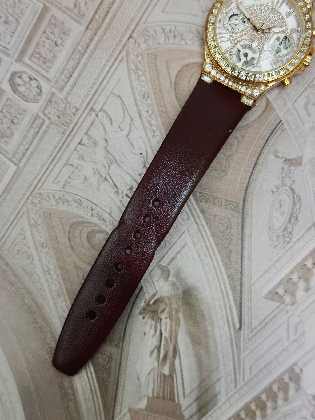 Vintage/Modern Guess Multifunction Gold-Tone Crystal-Set Watch (Ref. GW0257L2) – Pave Dial & Burgundy Leather Strap Edition