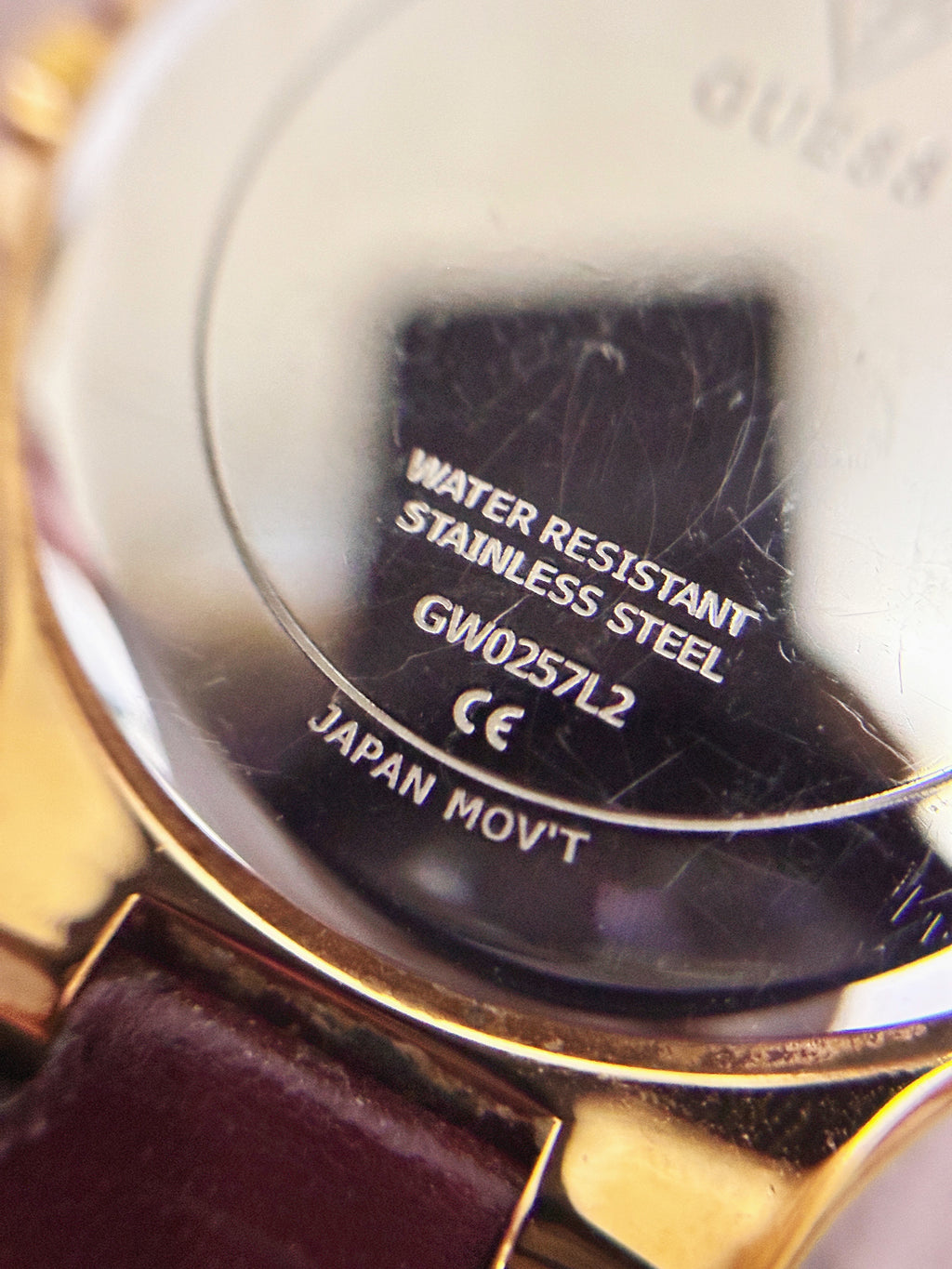 Vintage/Modern Guess Multifunction Gold-Tone Crystal-Set Watch (Ref. GW0257L2) – Pave Dial & Burgundy Leather Strap Edition
