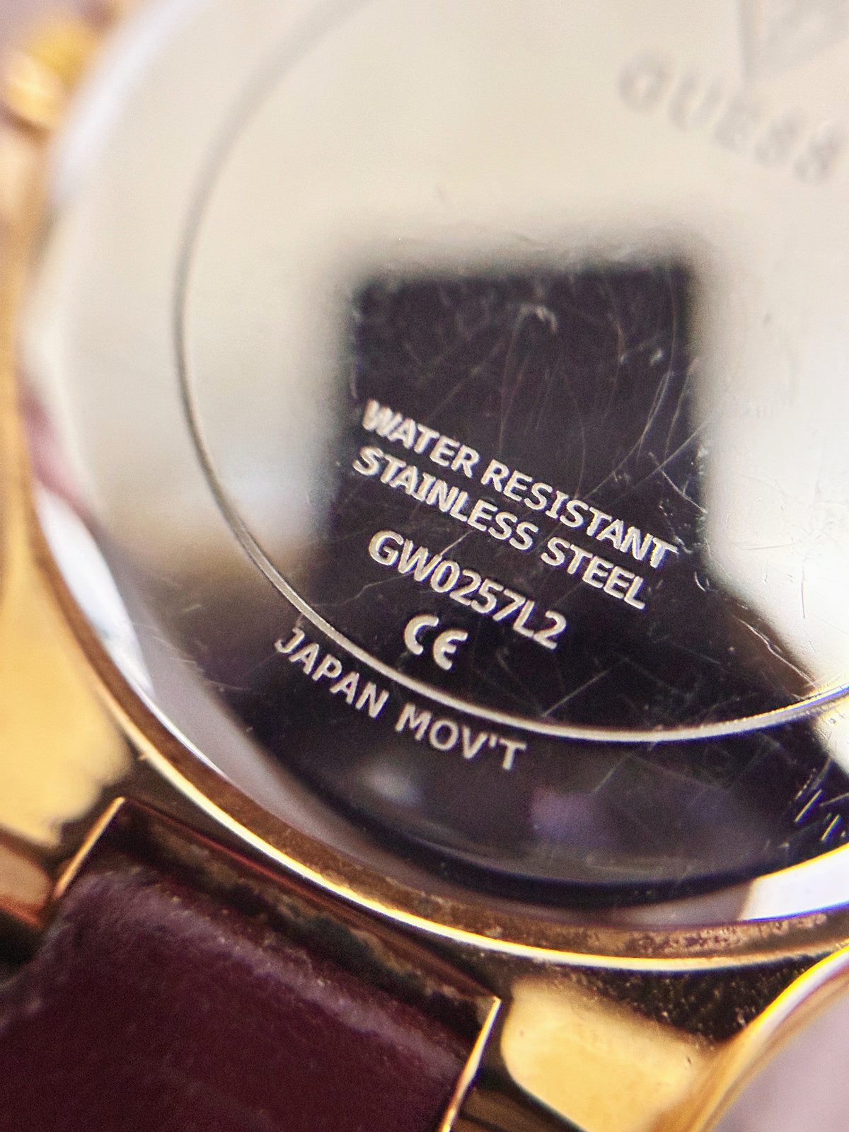 Vintage/Modern Guess Multifunction Gold-Tone Crystal-Set Watch (Ref. GW0257L2) – Pave Dial & Burgundy Leather Strap Edition