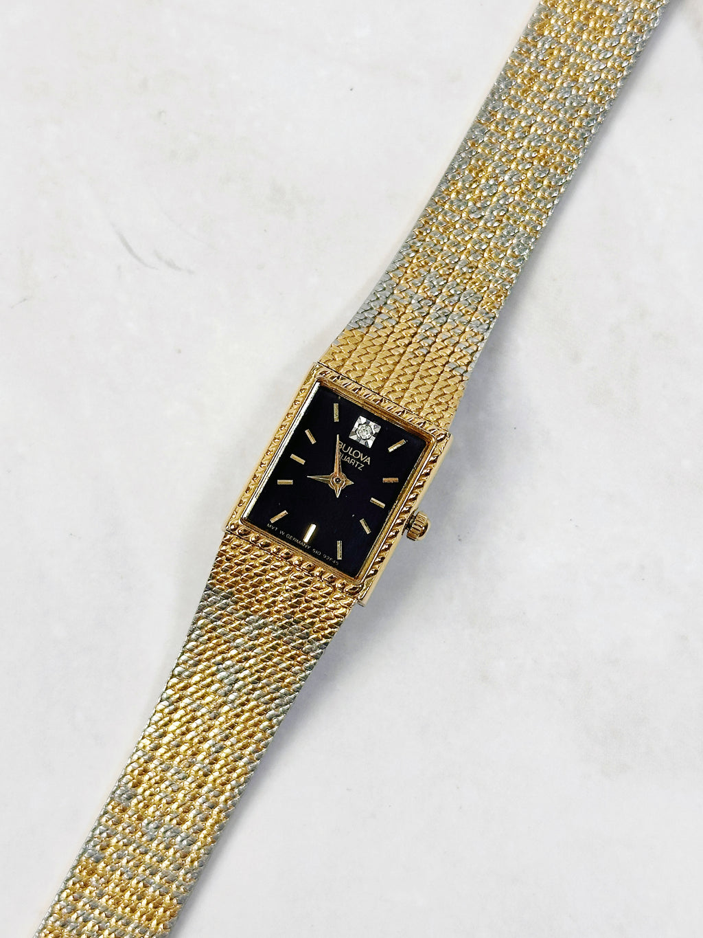 1980s Vintage Bulova Diamond Accent Two-Tone Mesh Watch – Rare Integrated Tank Design