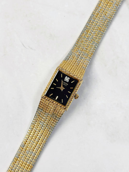 1980s Vintage Bulova Diamond Accent Two-Tone Mesh Watch – Rare Integrated Tank Design