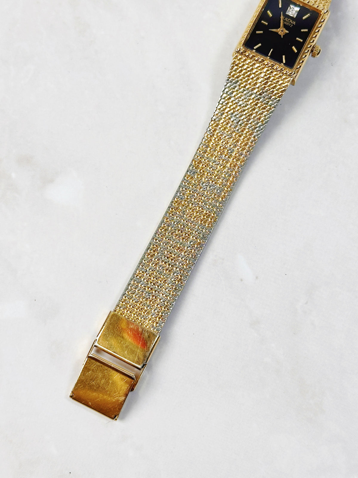 1980s Vintage Bulova Diamond Accent Two-Tone Mesh Watch – Rare Integrated Tank Design