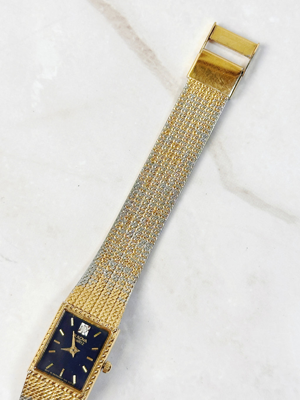 1980s Vintage Bulova Diamond Accent Two-Tone Mesh Watch – Rare Integrated Tank Design