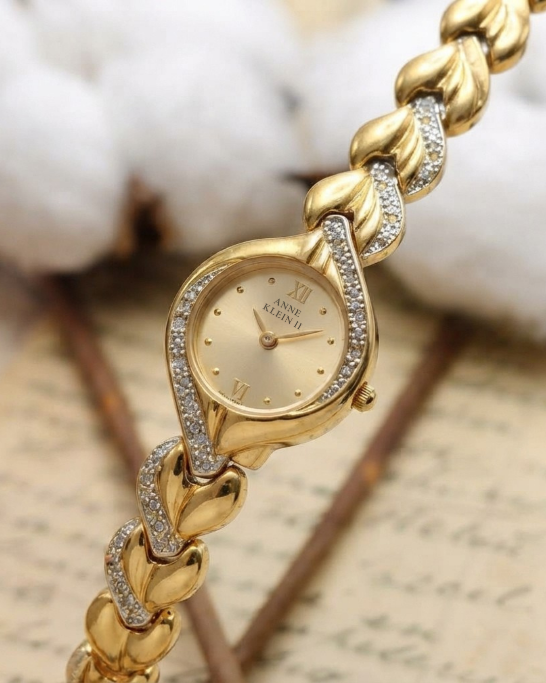 1990s Vintage Anne Klein II Crystal Bezel Leaf-Link Dress Watch – Rare Sculptural Jewelry Edition